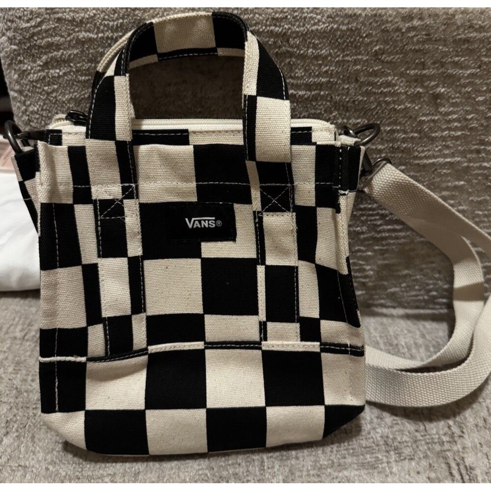 VANS Checkerboard Canvas Tote Crossbody Shoulder Black White Authentic Lil Pergs